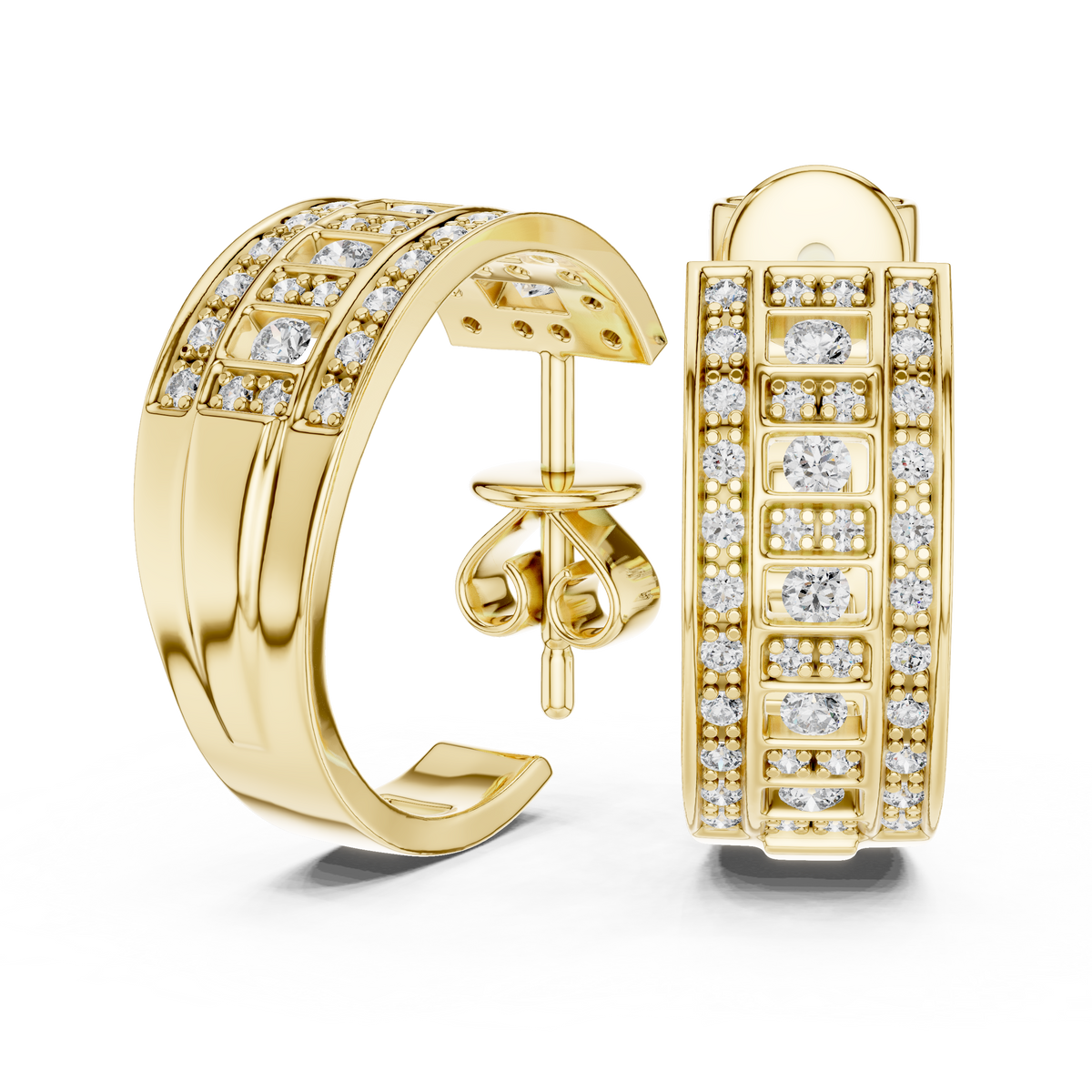 Round Lab Diamond Geometric Grid C Hoop Earrings with Micro Pavé Rows - View 7