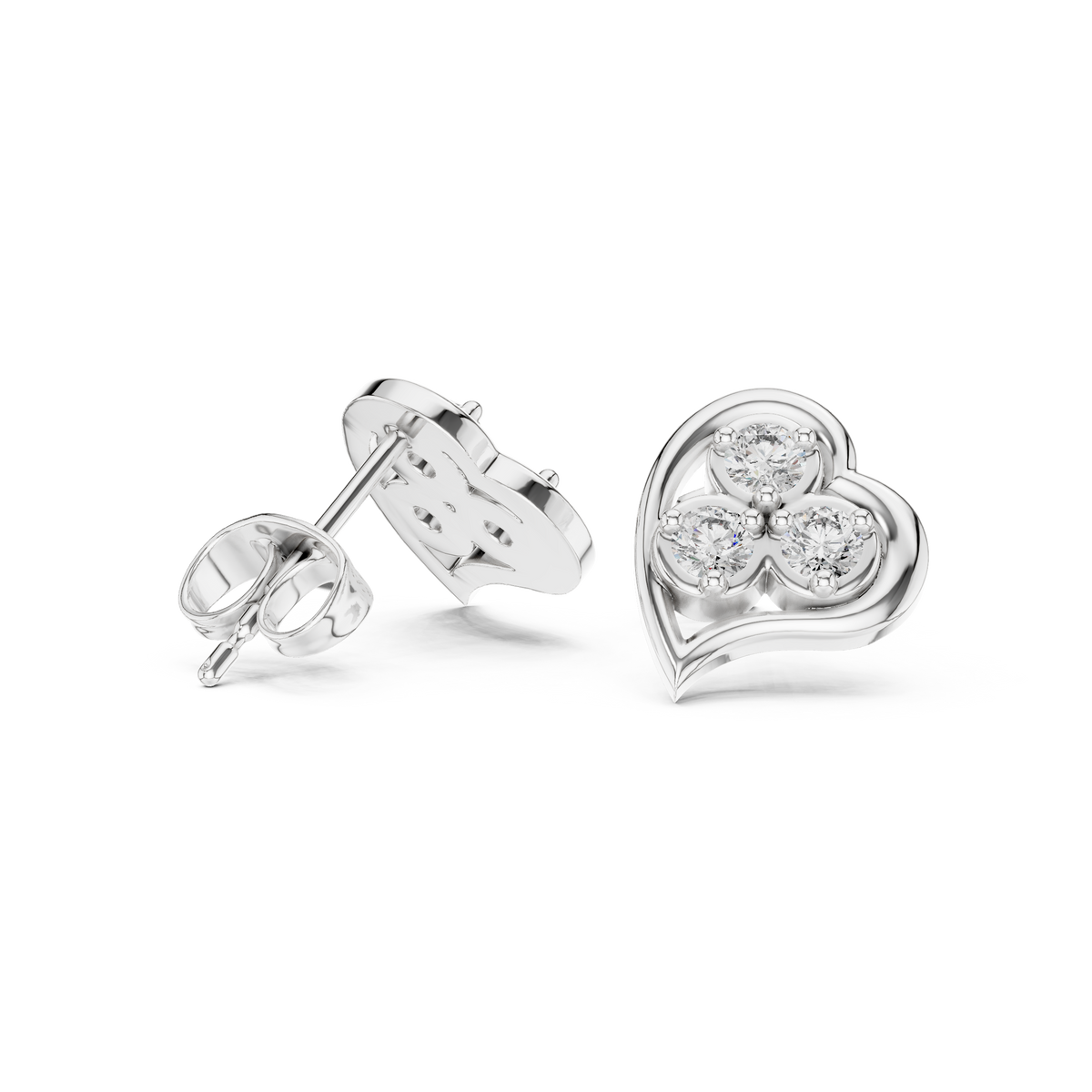 Three Stone Heart Round Brilliant Cut Moissanite Diamond Stud Earrings Trefoil Cluster - View 9