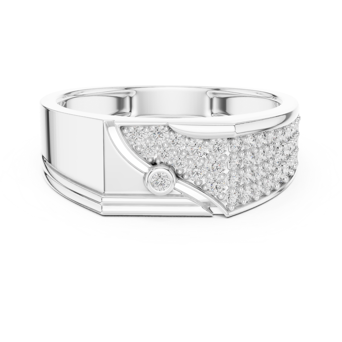 Round Cut Moissanite Diamond Men's Asymmetric Curved Pave Gold Signet Ring - View 3