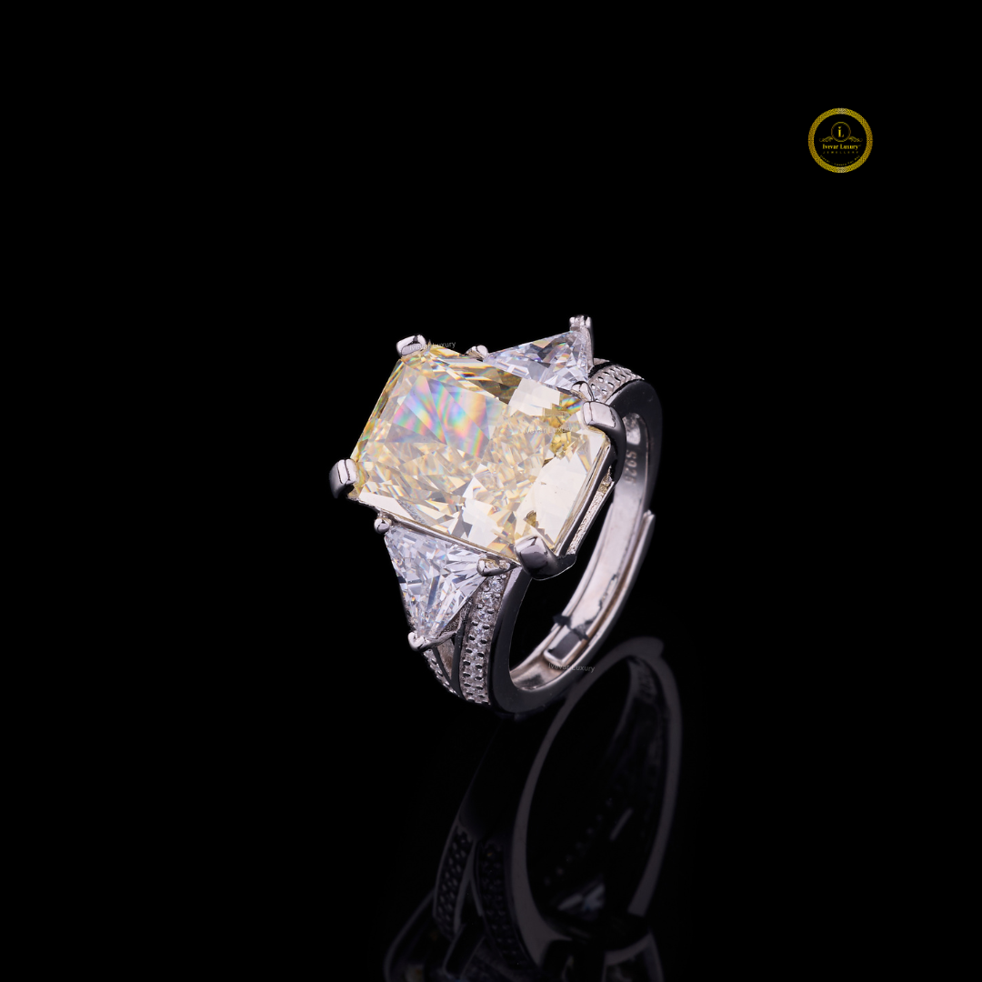 Fancy Intense Yellow Radiant Moissanite Diamond Ring With Trillion Cut Side Diamonds - View 2
