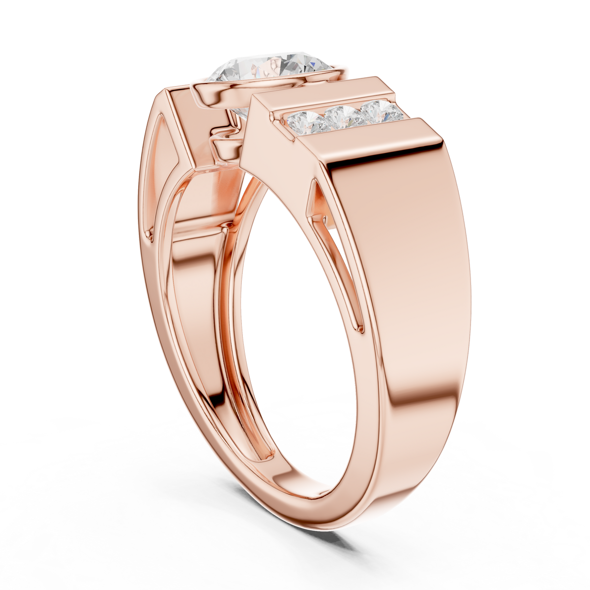 Round Cut Lab Grown Diamond Men's Three Stone Side Accent Wedding Ring - View 6