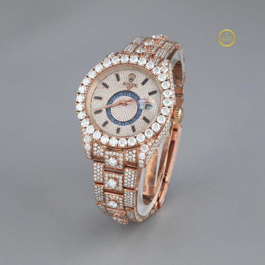 Sophisticated Rose Gold Fully Iced-Out Lab Diamond Luxury Watch with Blue Accent Dial and Date Display