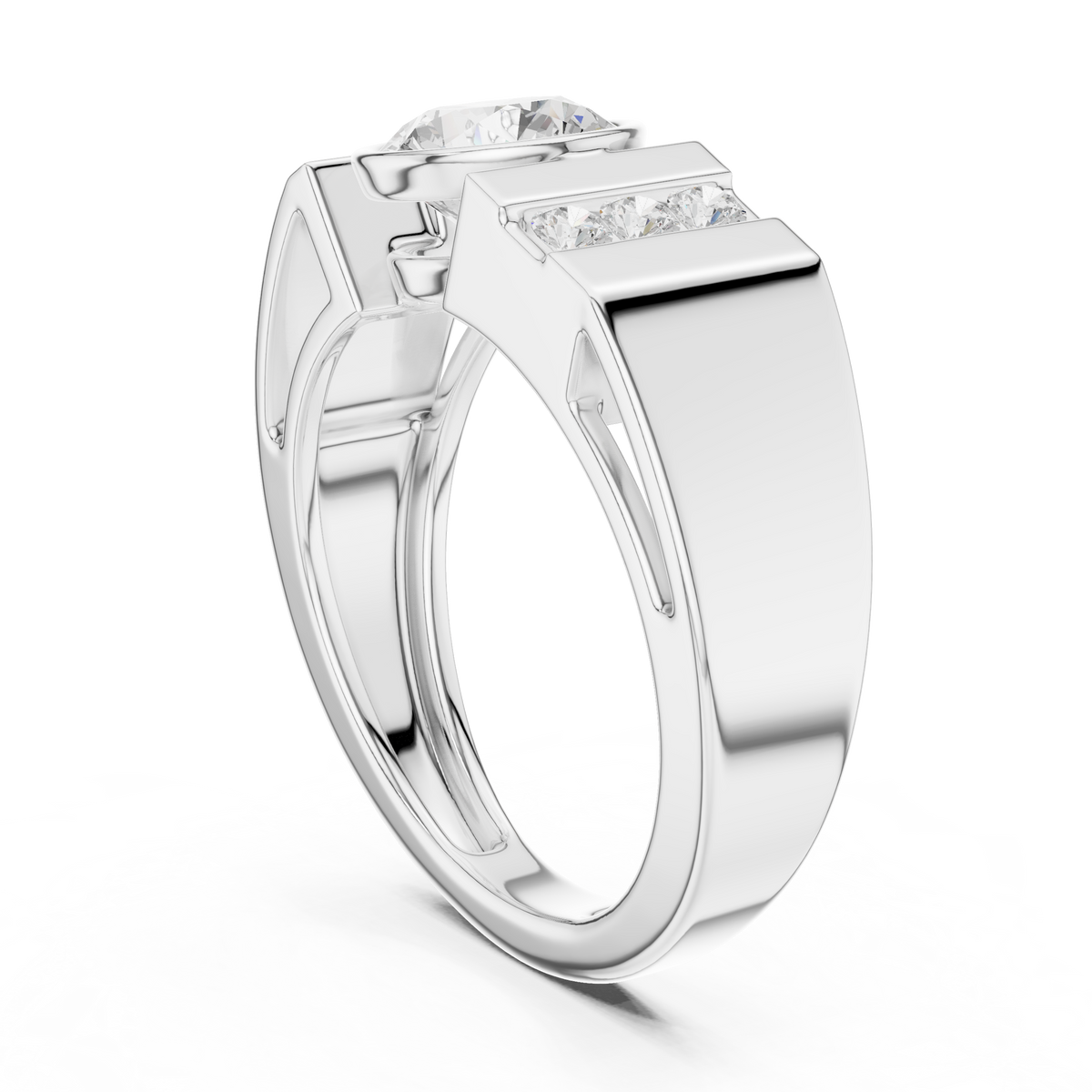 Round Cut Lab Grown Diamond Men's Three Stone Side Accent Wedding Ring - View 7