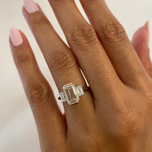 Emerald Cut Lab Diamond Three Stone Engagement Ring - View 2