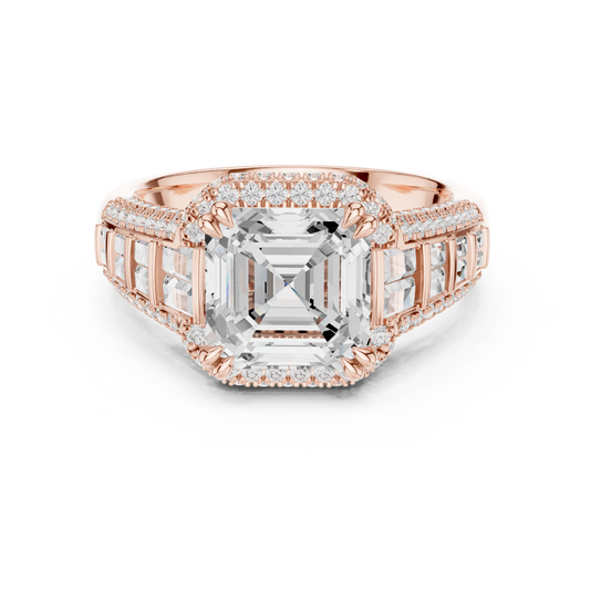 Asscher Cut Halo Moissanite Diamond Ring with Baguette Side Stones - View 2