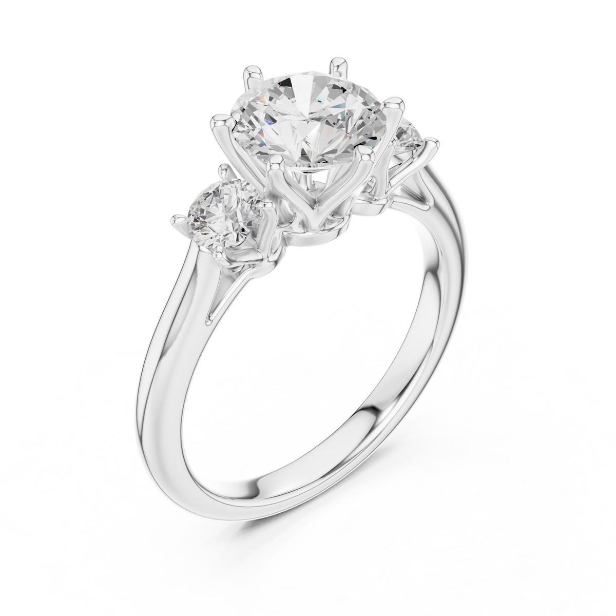 Round Brilliant Cut Three Stone Moissanite Diamond Engagement Ring with Side Stones - View 8