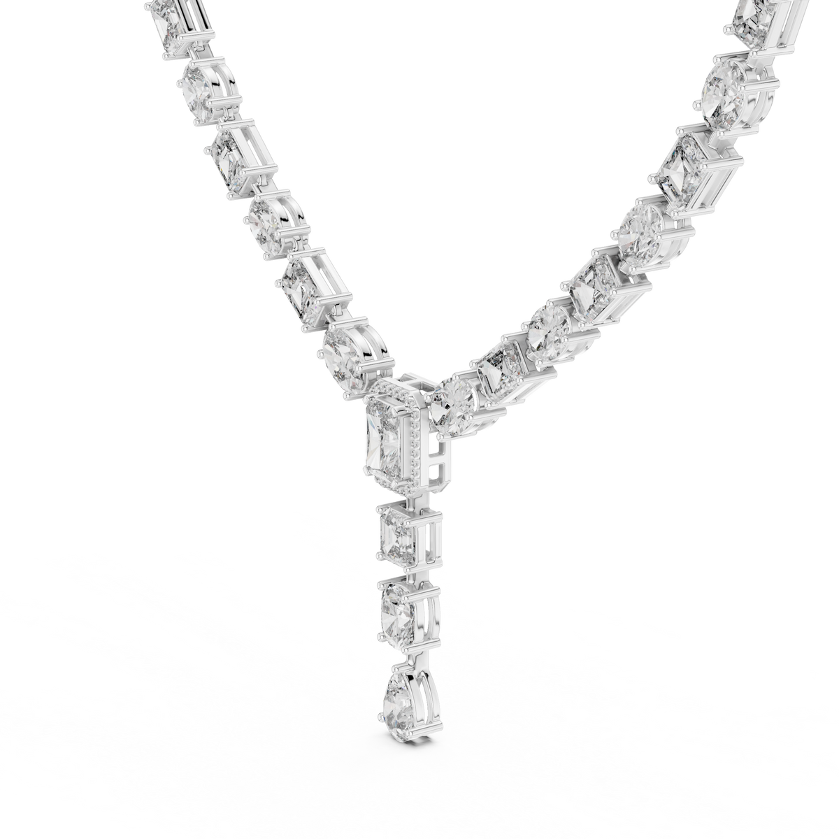 Mixed Cut Diamond Y Necklace with Pear Drop Moissanite Pendant - View 8