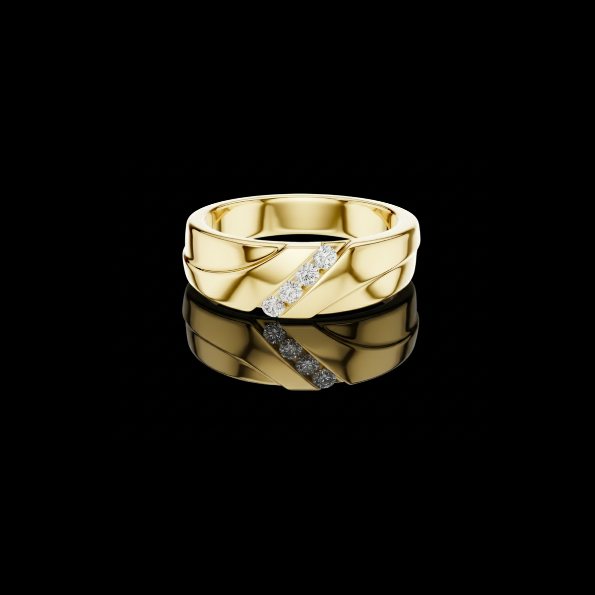 Round Cut Lab Grown Diamond Men's Diagonal 4 Stone Channel Gold Band