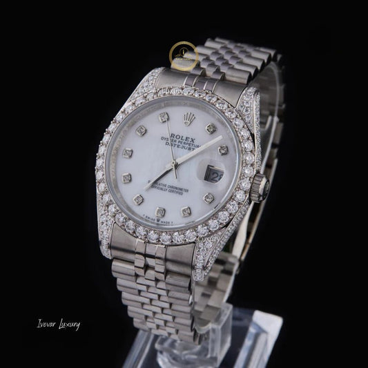 Luxury White Gold Lab Diamond Set Watch Featuring Mother-of-Pearl Face