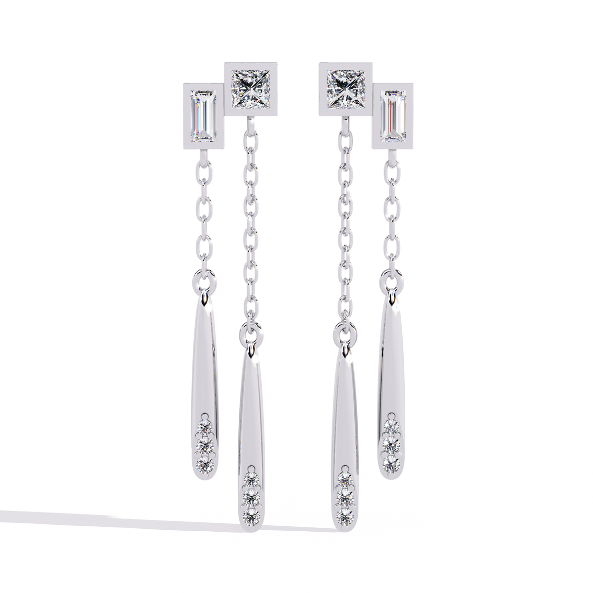 Shiny Cascade Dual Tone Chain Linked Drop Moissanite Diamond Earrings - View 3