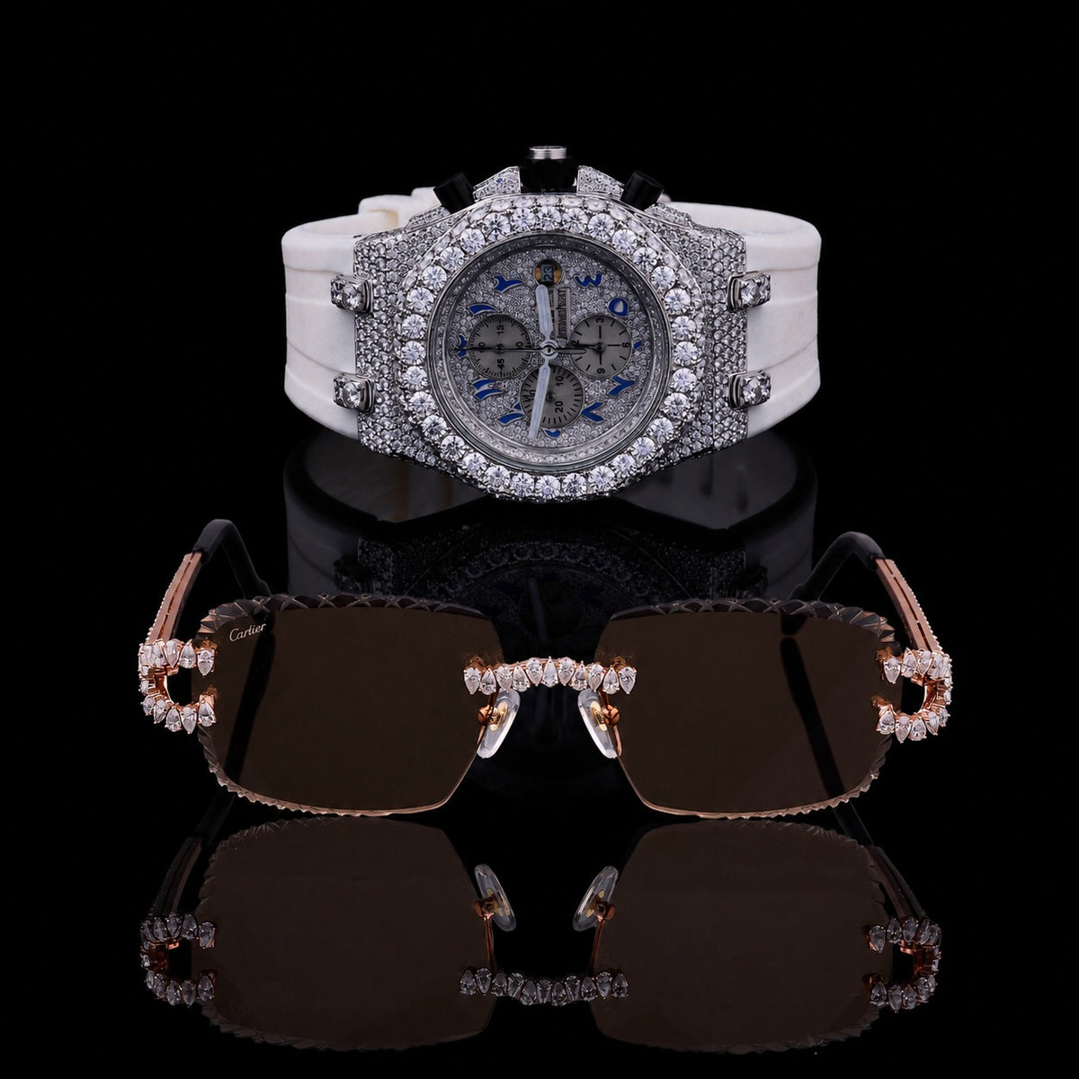 Diamond Monarch Collection Full Pavé Luxury Chronograph Watch And Signature Moissanite Diamond Eyewear Set