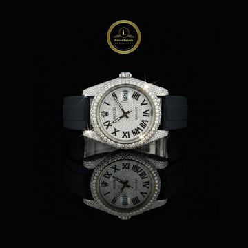Glamorous Lab Diamond Paved Luxury Watch with Roman Numeral Dial and Black Rubber Strap