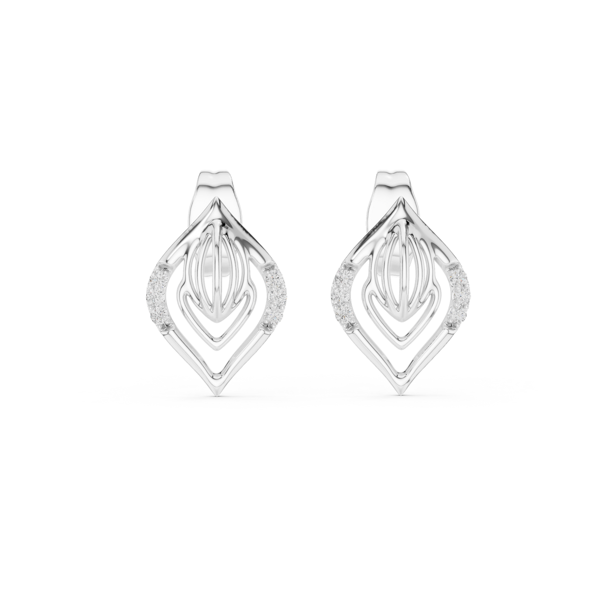 Layered Leaf Round Lab Diamond Geometric Stud Earrings with Pavé Detail - View 3