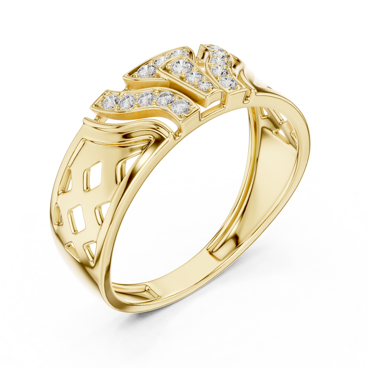 Round Cut Lab Grown Diamond Men's T Shield Pave Openwork Gold Ring - View 4
