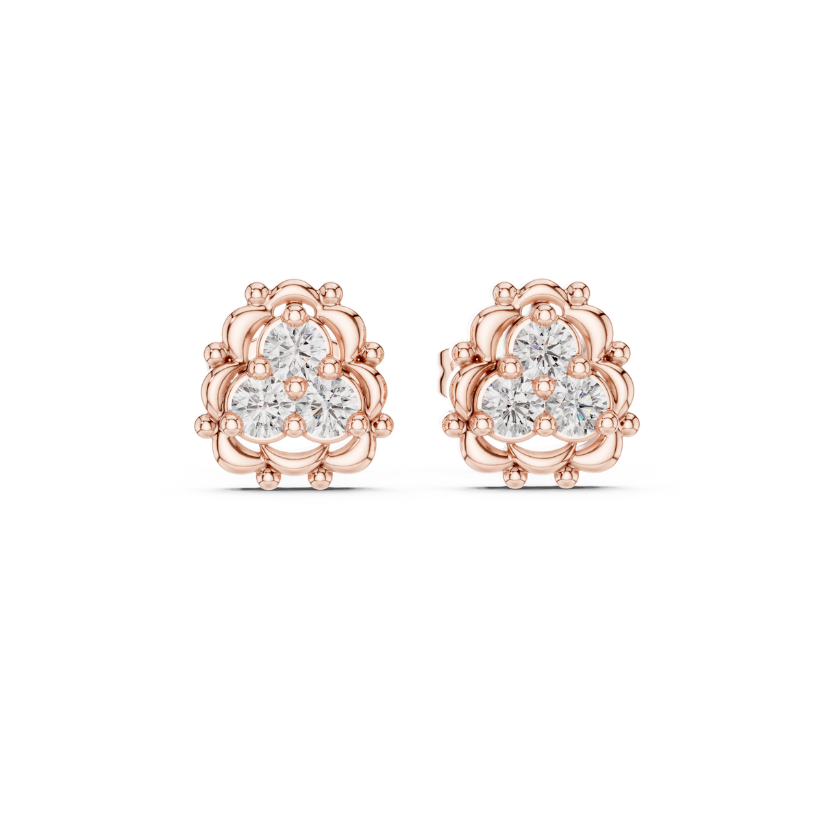 Vintage Floral Round Moissanite Diamond Cluster Stud Earrings with Beaded Halo Design - View 2