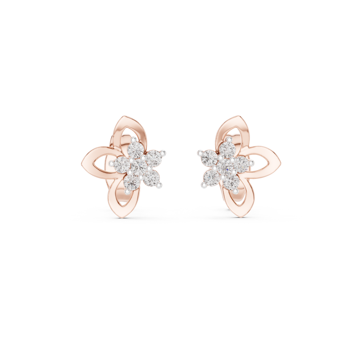 Celestial Floral Knot Round Moissanite Diamond Stud Earrings with Cluster Petals - View 3