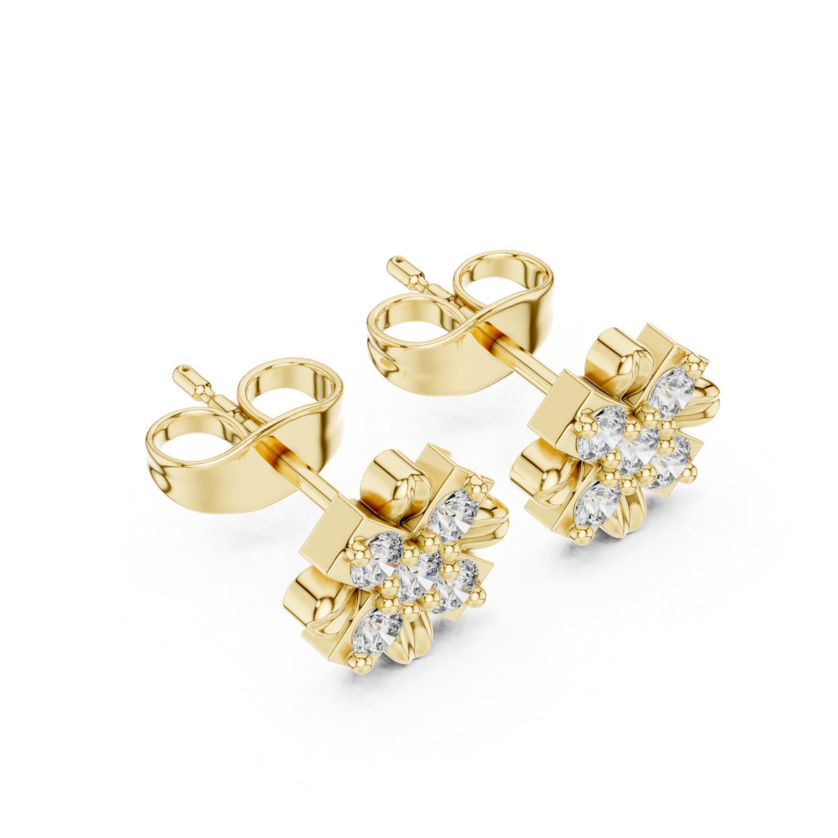 Floral Cross Round Moissanite Diamond Stud Earrings with Sculpted Petal Motif Cluster - View 4