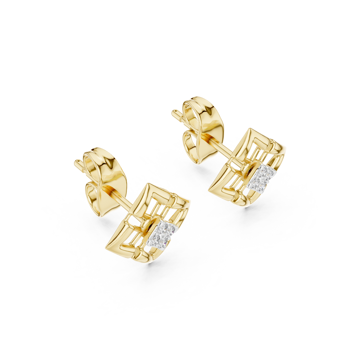 Architectural Geometric Moissanite Round Diamond Frame Stud Earrings with Floating Accents - View 4