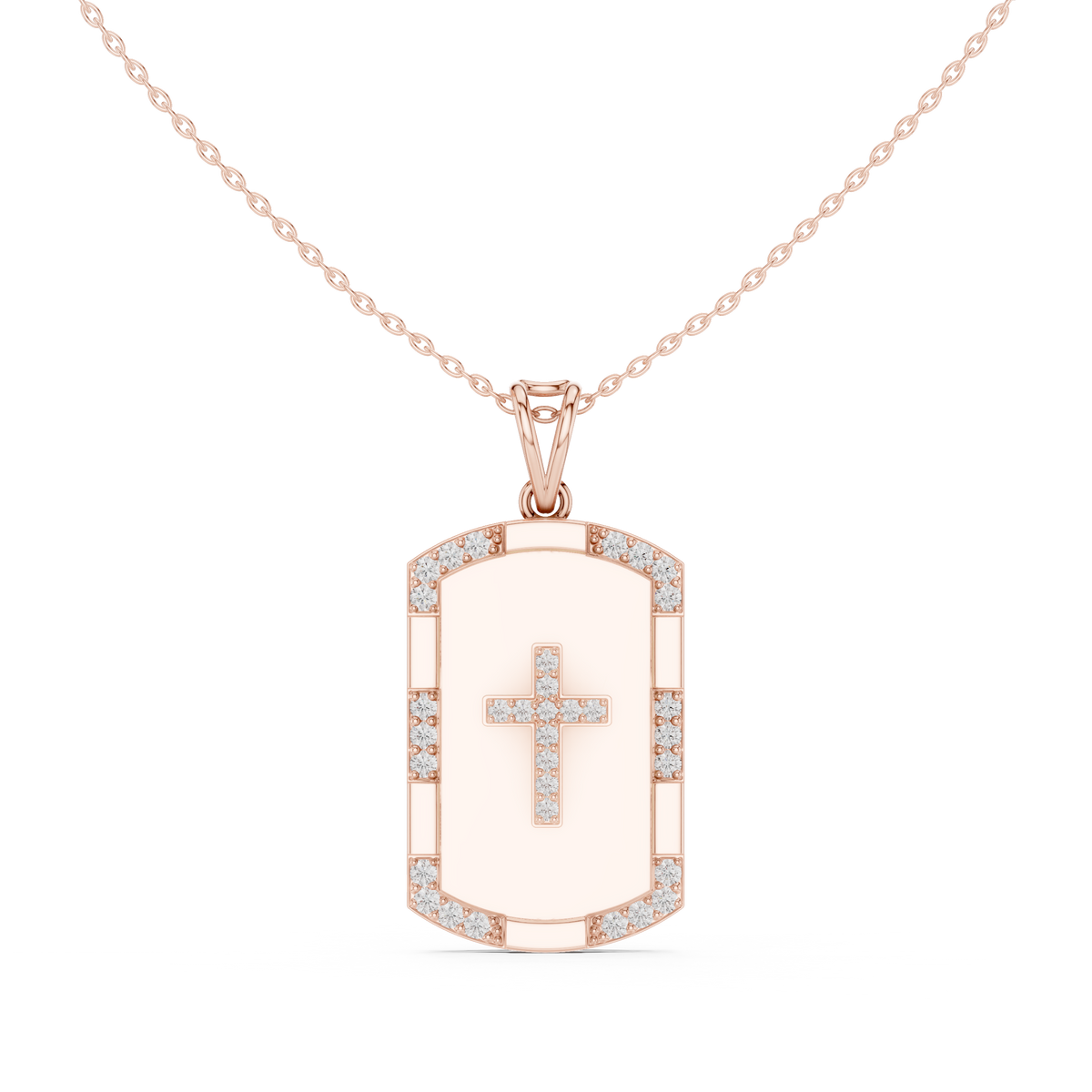 Round Lab Grown Diamond Cross Tag Pendant with Enamel Border - View 2