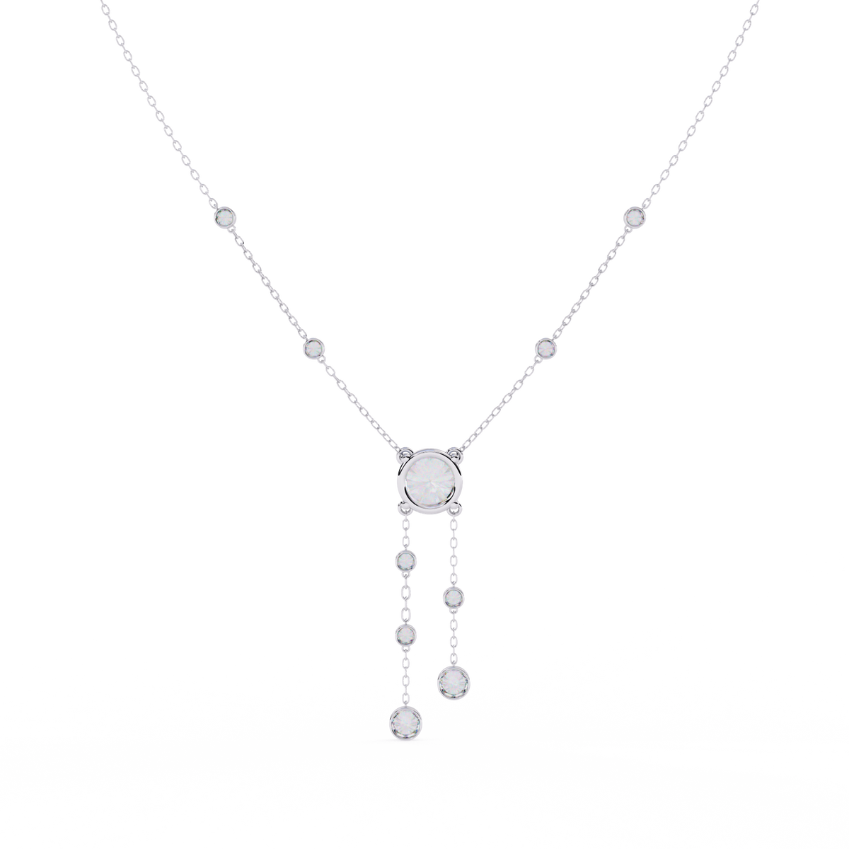 Round Moissanite Diamond Lariat Necklace with Bezel Station Drops - View 4