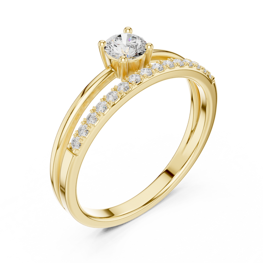 Round Cut Moissanite Diamond Solitaire with Pave Dual Band Ring - View 2