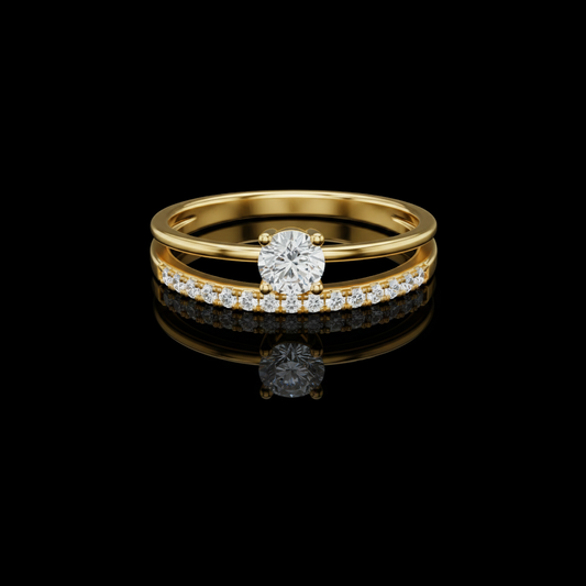 Round Cut Moissanite Diamond Solitaire with Pave Dual Band Ring