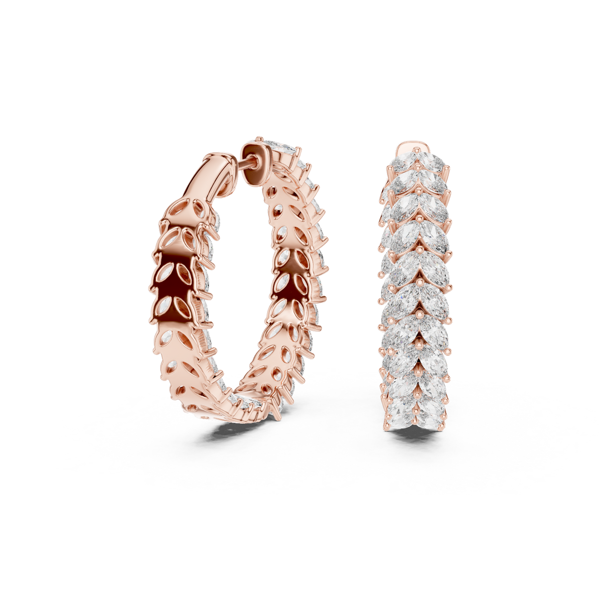 Vine Pattern Marquise Cut Moissanite Diamond Hoop Earrings Inside Out Leaf Design - View 5