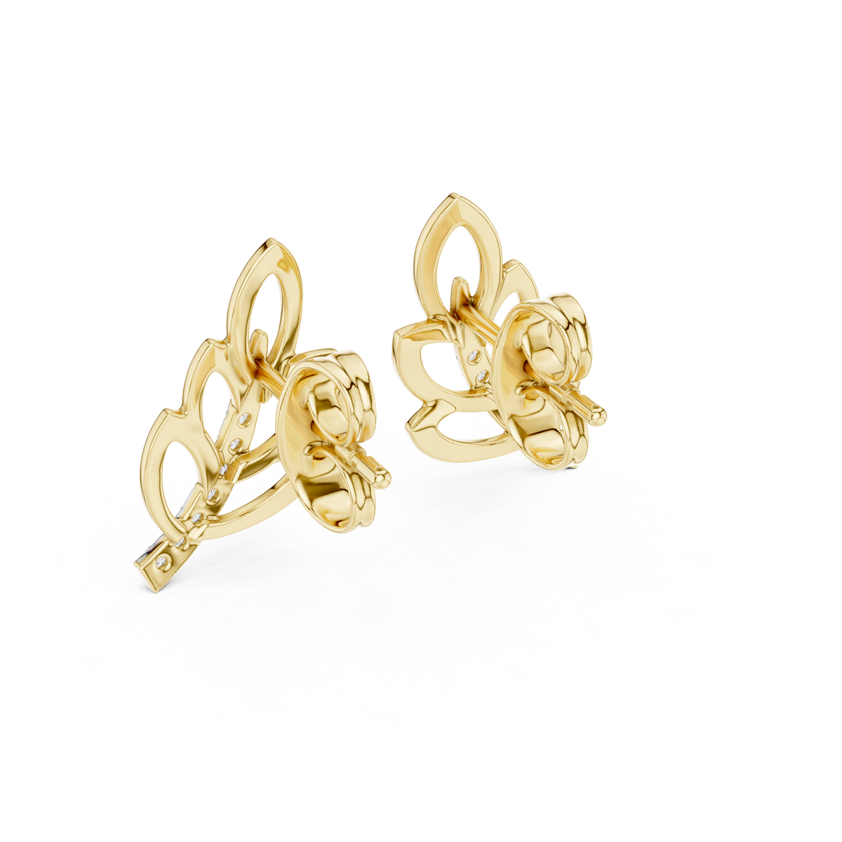 Gold Leaf Stud Earrings with Round Moissanite Diamond Accented Curve Nature Inspired - View 10