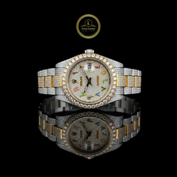 Exquisite Two-Tone Lab Diamond with Full Diamond Pavé, Vibrant Multicolor Numerals, and Gold-Trimmed Bracelet