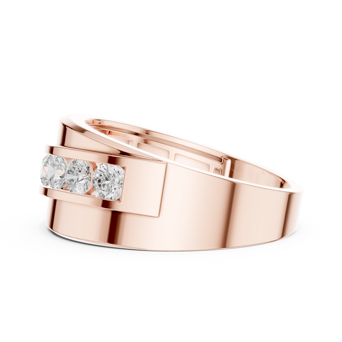 Round Cut Moissanite Diamond Men's Curved Swirl Channel Set Gold Band - View 8