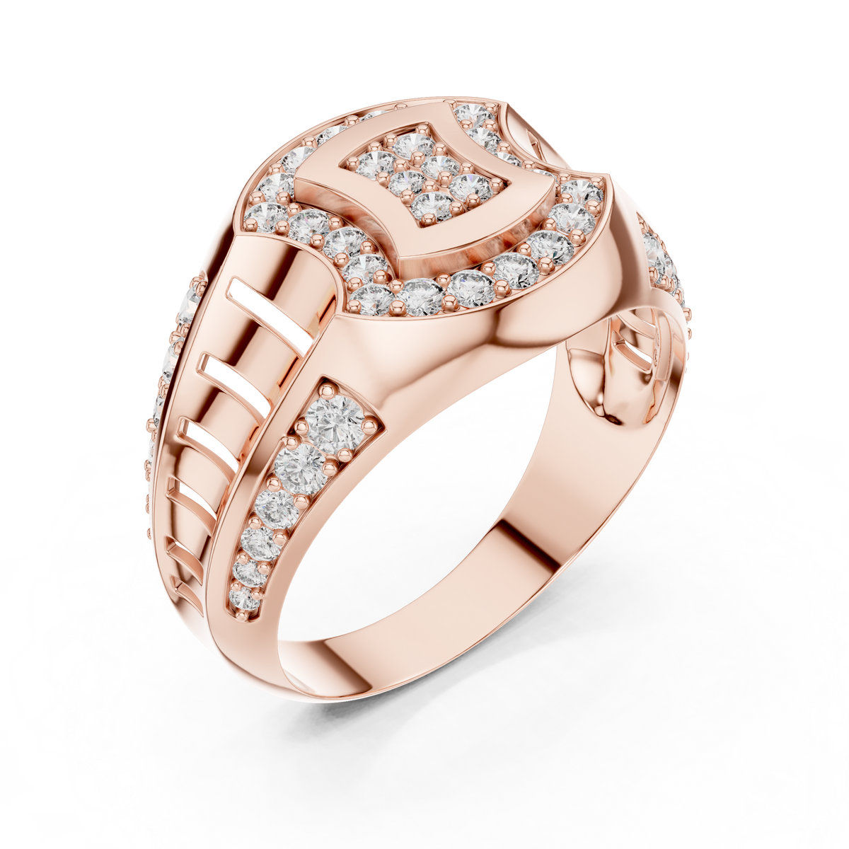 Round Cut Moissanite Diamond Men's Geometric Double Pave Crest Engagement Ring - View 5