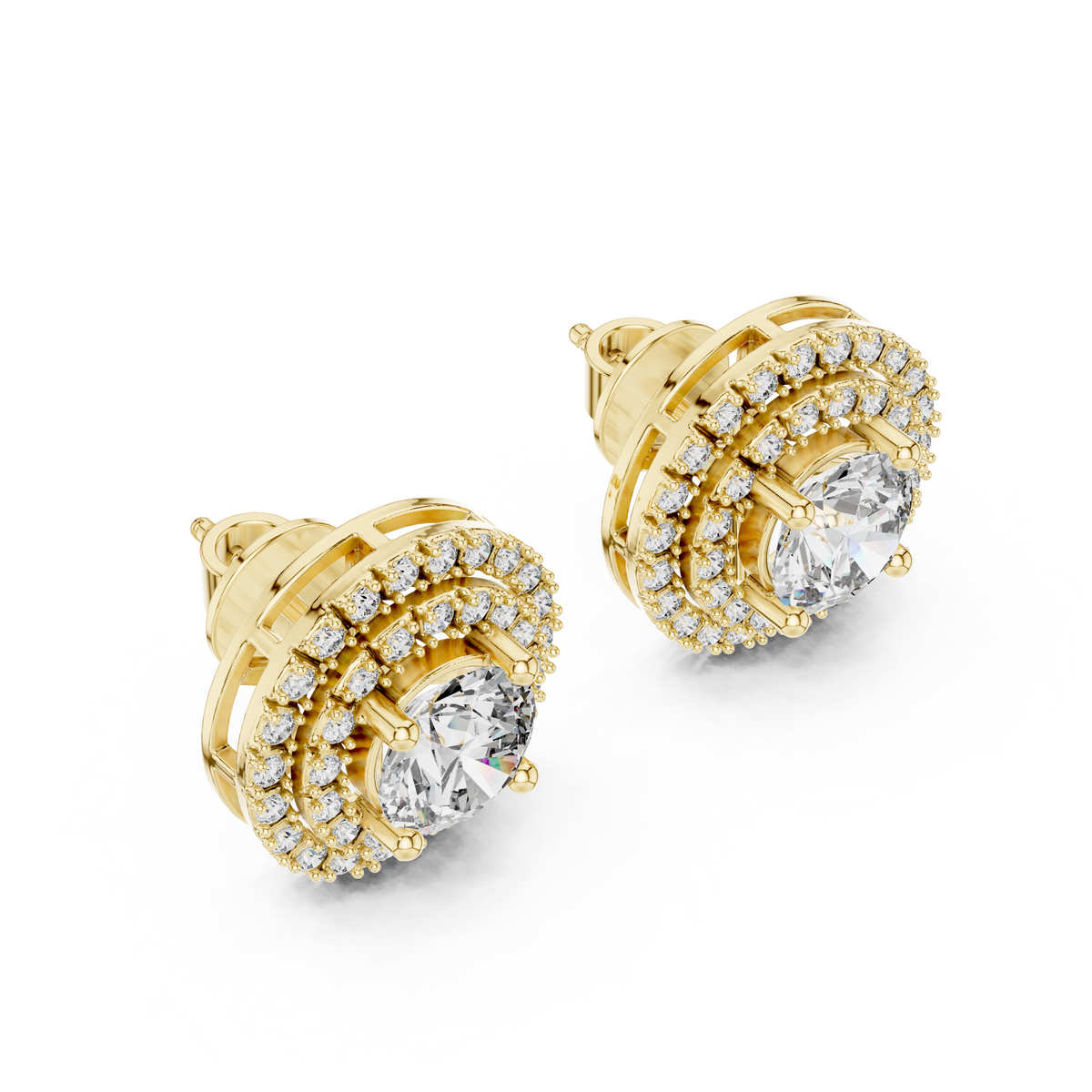 Tiered Double Halo Round Moissanite Diamond Stud Earrings - View 4