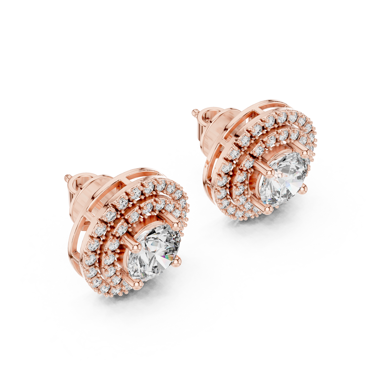 Tiered Double Halo Round Lab Grown Diamond Stud Earrings - View 5