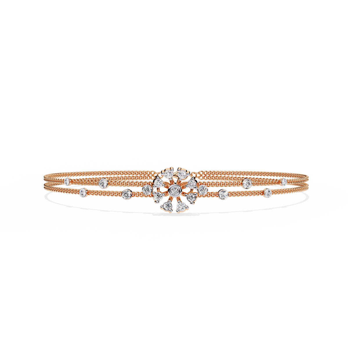 Round Moissanite Diamond Double Strand Bangle Bracelet with Floral Center - View 6