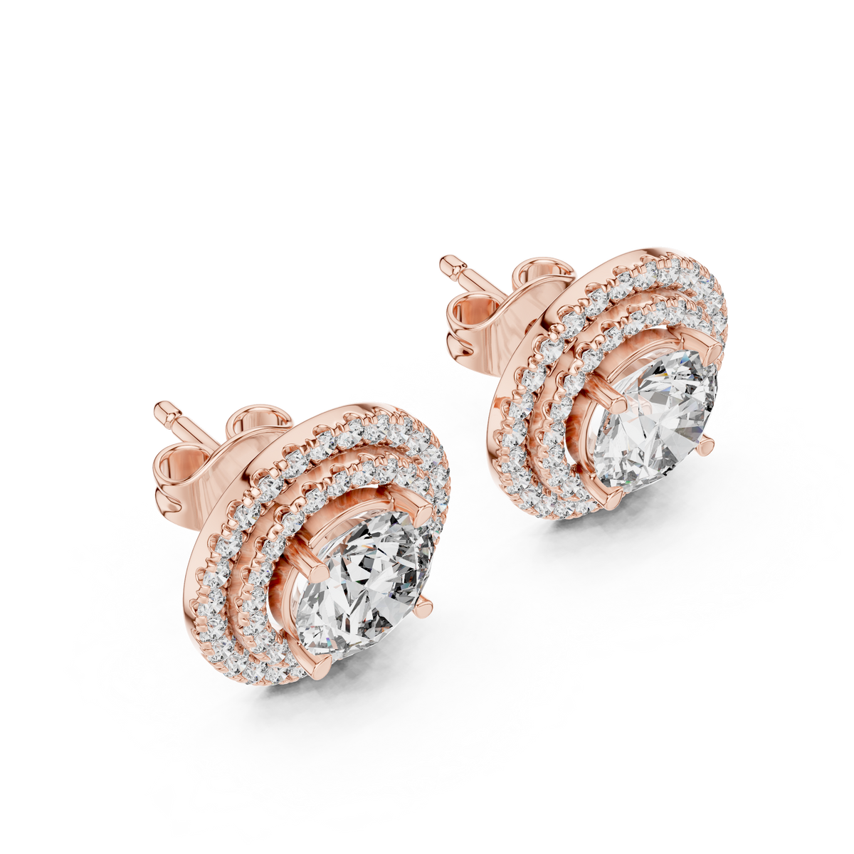 Radiant Aura Round Lab Diamond Stud Earrings with Double Halo Setting - View 3