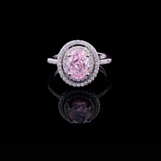 Fancy Intense Pink Oval Moissanite Diamond Double Halo Engagement Ring