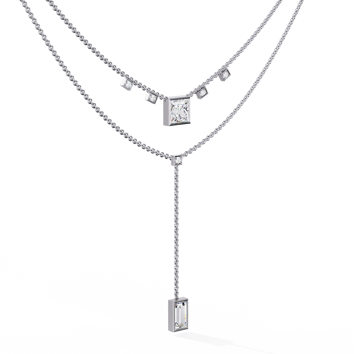 Two Layered Princess and Baguette Lab Grown Diamond Lariat Necklace - View 4