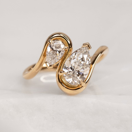 Pear Cut Moissanite Diamond Toi et Moi Bypass Ring