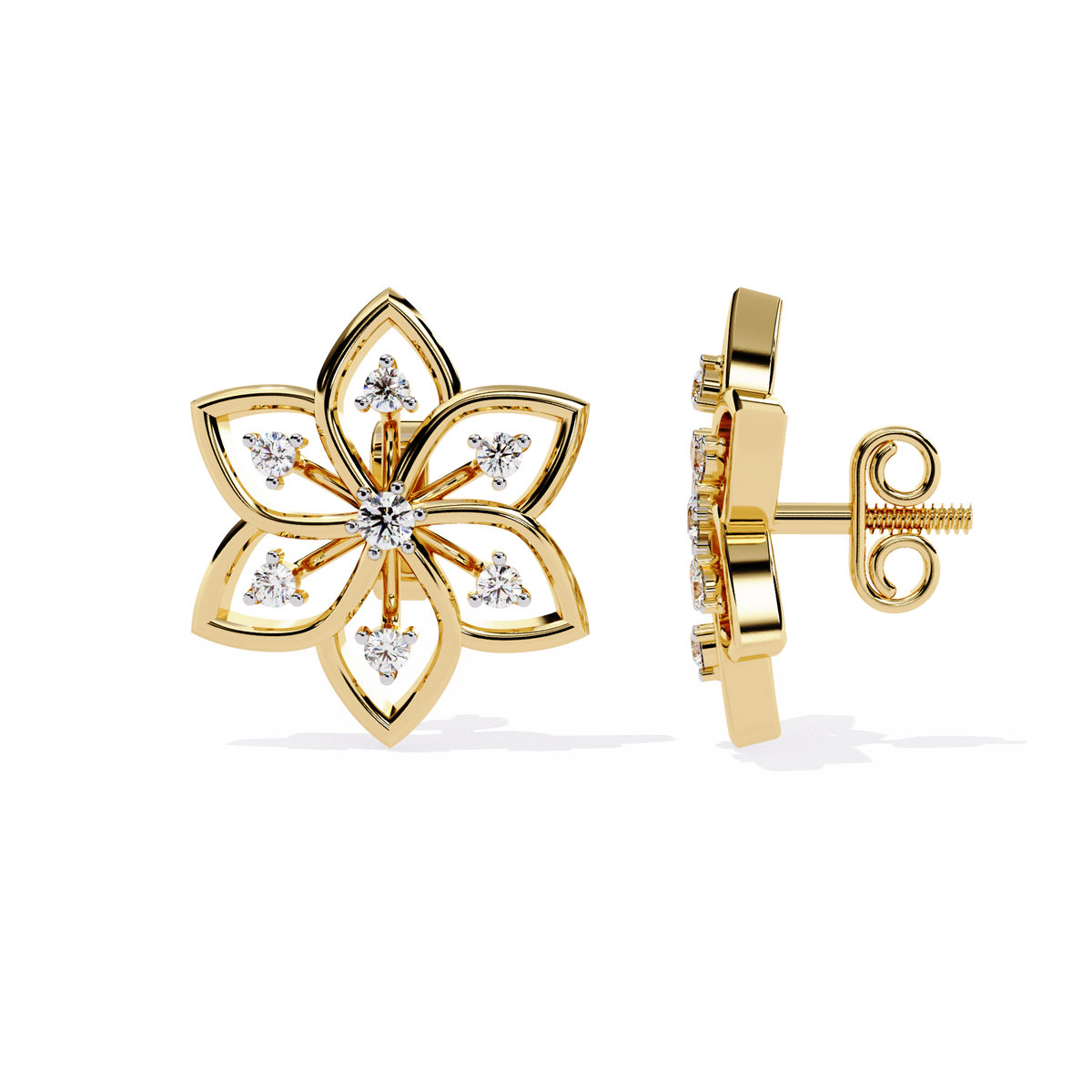 Lotus Moissanite Diamond Round Center Floral Stud Earrings with Round Side Stones - View 4