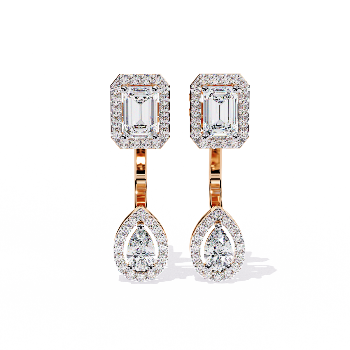 Sophisticated Emerald Halo Top with Pear Halo Drop Lab Diamond Earrings in Gold - View 5