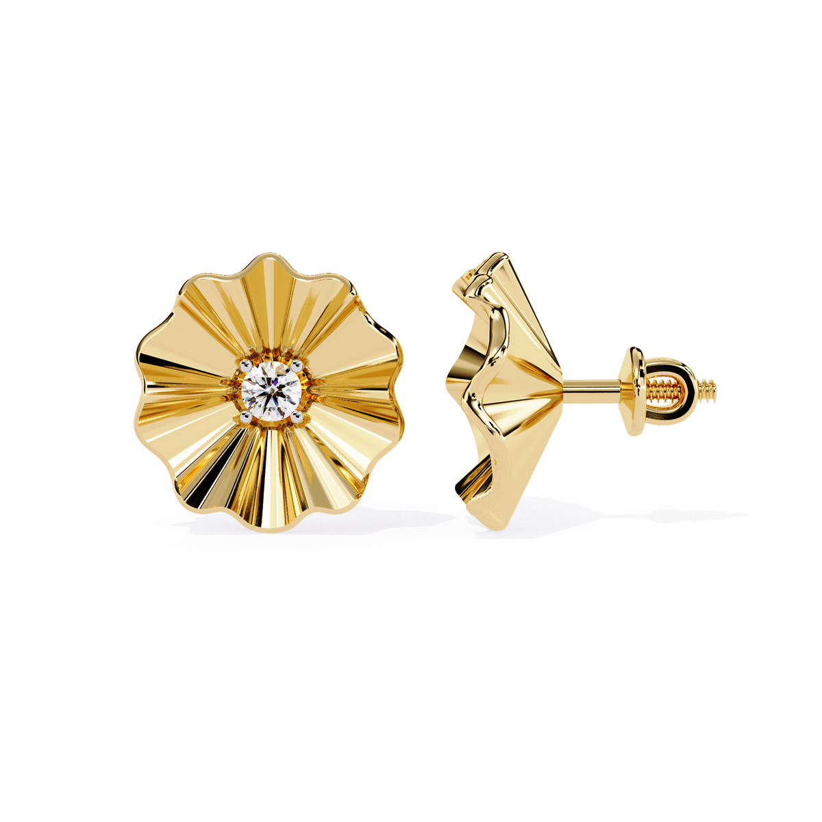 Sunburst Lab Diamond Round Center Flower Stud Earrings with Fluted Design - View 4