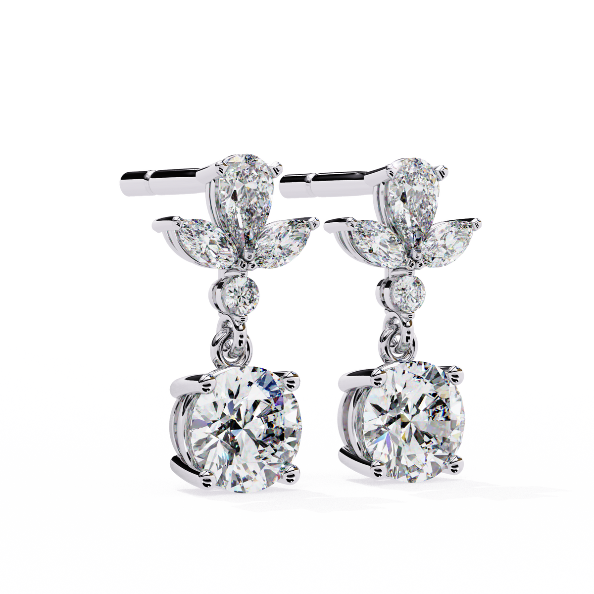 Elegant Pear and Marquise Cut Floral Cluster Drop Lab Grown Earrings with Round Solitaire Dangles - View 4