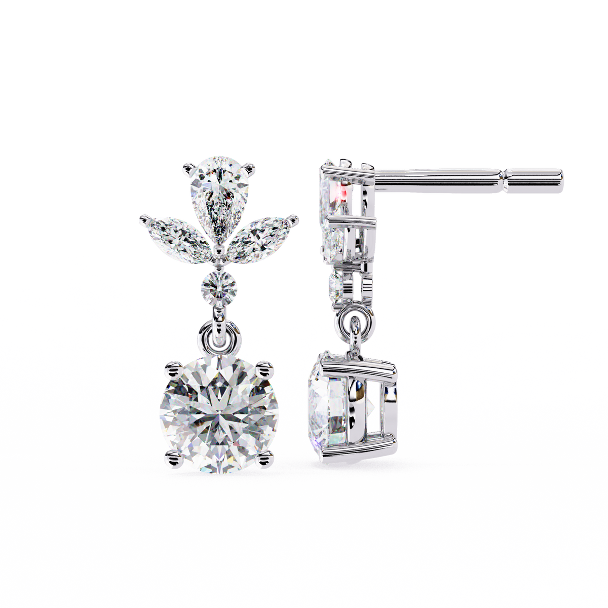Elegant Pear and Marquise Cut Floral Cluster Drop Lab Grown Earrings with Round Solitaire Dangles - View 7