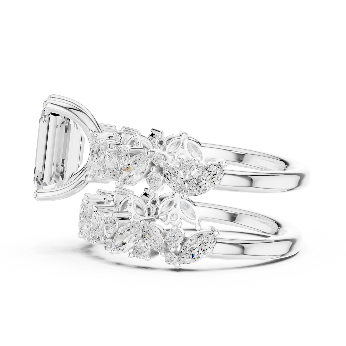 Emerald Cut Moissanite Diamond Women's Marquise Cluster Bridal Ring Set - View 9