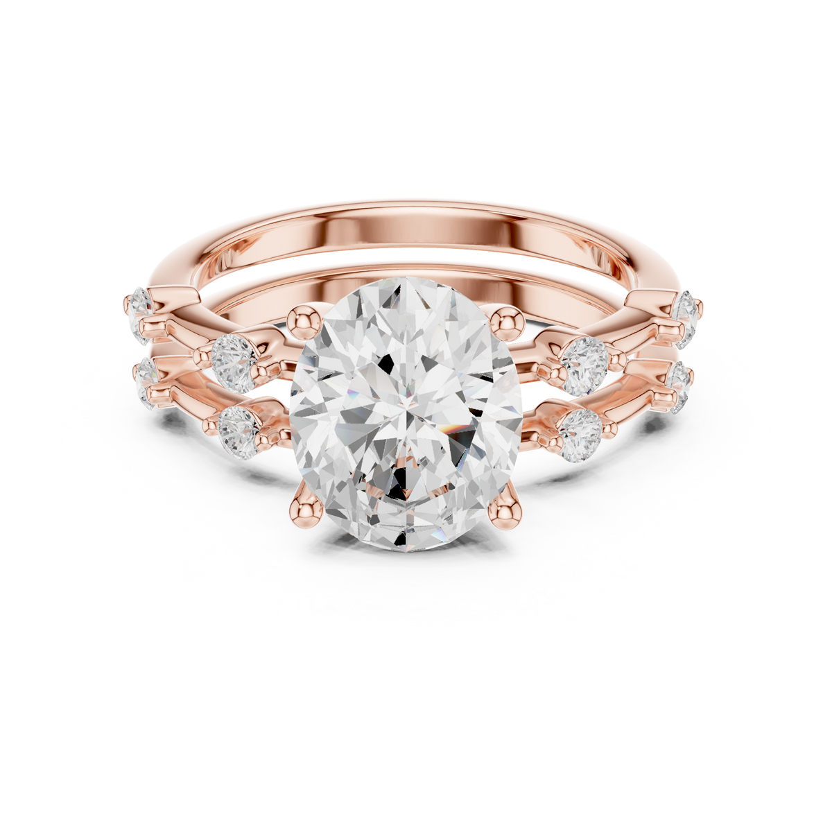 Handcrafted Oval Cut Lab Diamond Split Shank Ring with Diamond Accents - View 2