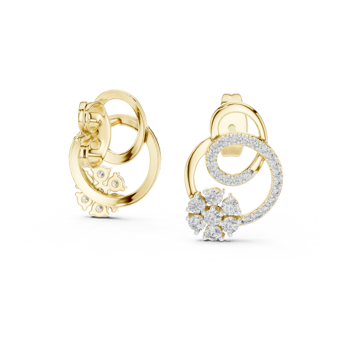Cluster Swirl Circle Moissanite Round Diamond Stud Earrings with Pave Halo Ring - View 7