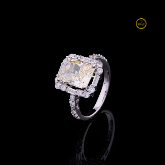 Fancy Intense Radiant Cut Moissanite Diamond Halo Ring With Baguette Side Stones - View 2