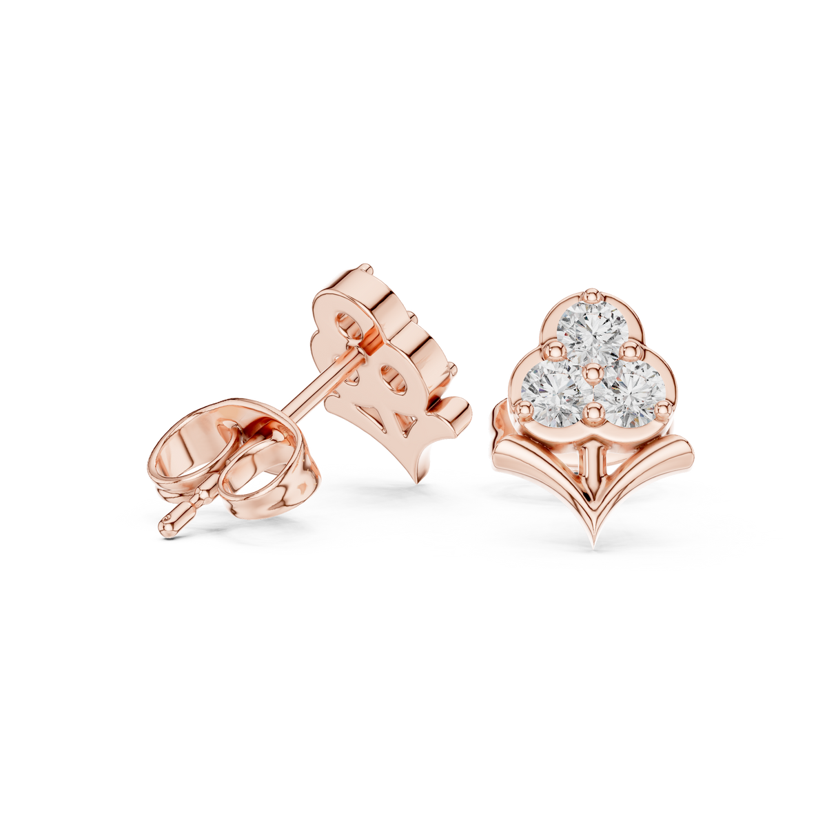 Stem Motif Floral Clover Round Triple Moissanite Diamond Cluster Earring - View 8