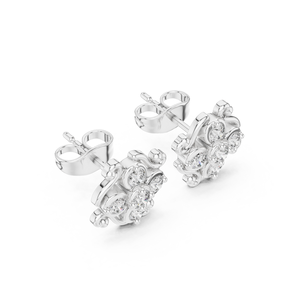 Ornamental Floral Cluster Moissanite Diamond Stud Earrings With Spiral Ribbon Whirl - View 6