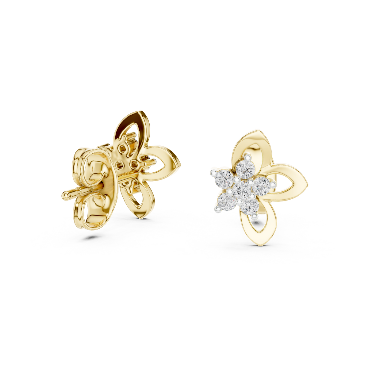 Celestial Floral Knot Round Moissanite Diamond Stud Earrings with Cluster Petals - View 7